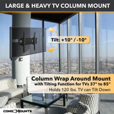 CondoMounts TILT Only-Large Pillar TV Mount | Column TV Mount | Round & Square Post TV Mount | No Drill | Holds 120lbs | Fits 37-in. to 85-in. TVs | Fits Pillars 8-in & Wider | White Strap